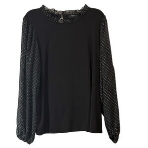Tahari Women Top Polka Dot Sheer Sleeves Polka Sheer Ruffle Neck Black Size 1X